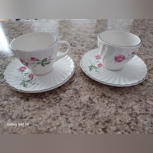 2 Coffee Tea Cup Saucer Plates Vintage China Scio Pottery Dorset Pattern Pink